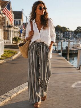 Briggs Linen Blend Neutral Striped Wide Leg Coastal Beach Resort Pants L